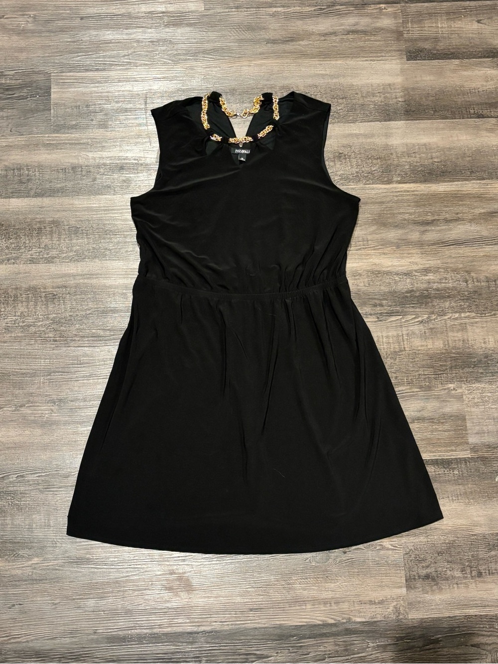 Roz & Ali Black Sleeveless Mini Dress with Gold Chain Neckline